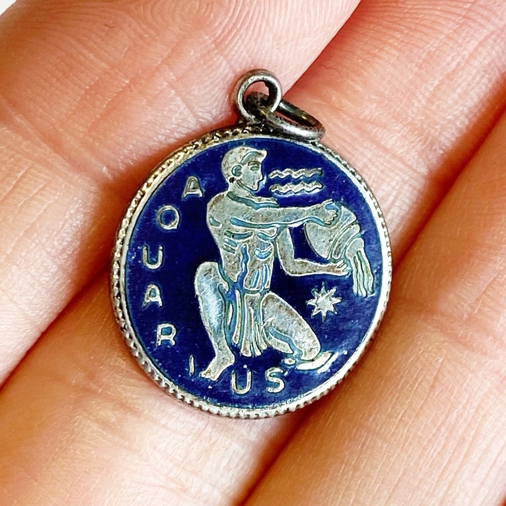 Aquarius Zodiac Sterling Charm Pendant - Navy Blue & Silver